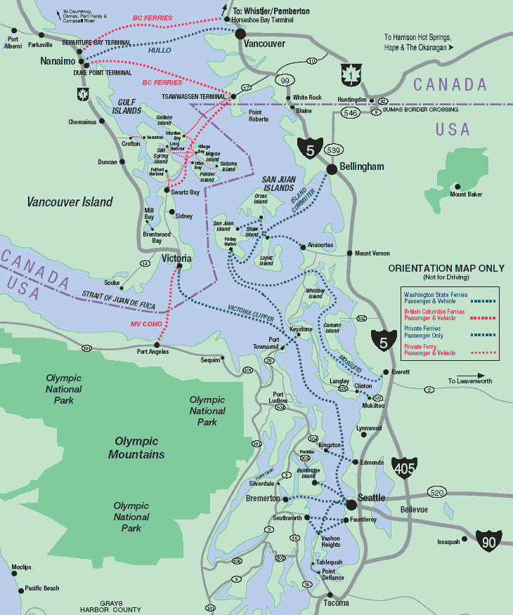 Ferry Route Map. Washington and BC Ferry Route Map